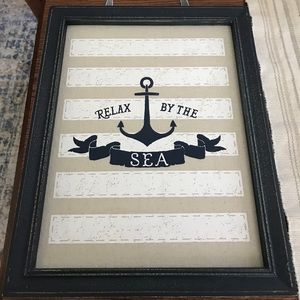 Cute 11x14 Relax By The Sea sign. Navy and linen.